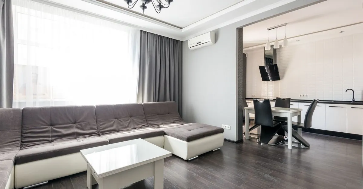Interior of modern white flat furnished with comfortable couch and dining zone with wooden floor and white walls